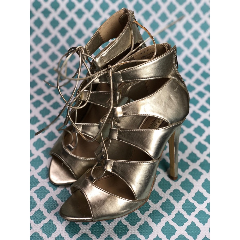 Forever 21 Gold Strappy Lace Up Heels